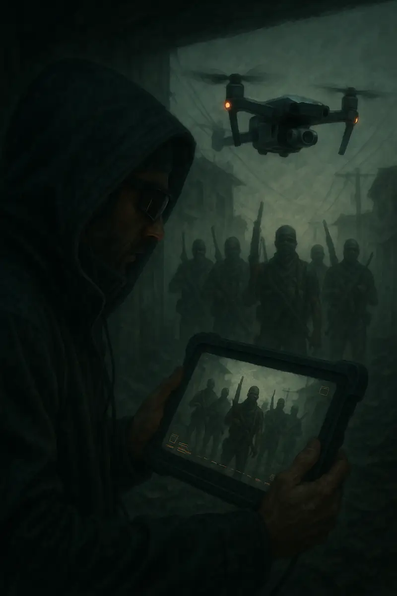 Illustration of an investigator monitoring a drone feed on a tablet