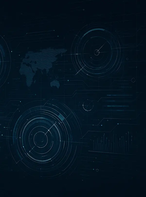 Abstract intelligence dashboard with a world map and radar displays